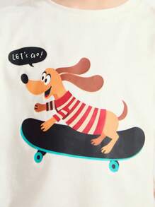 SHEIN 2pcs Toddler Boys Dog Graphic Round Neck Loose Beige T-Shirt And Casual Pocket Loose Navy Blue Pants Set, Casual & Cute Style - Beige - View 7