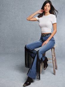 WESTFADE High Rise Seamed Fitted Flare Leg Western Fringe Trim Denim Jeans Nashville Style Outfits - Medium Wash - View 4