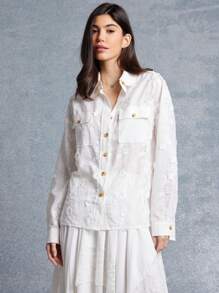 WESTFADE Spring Floral Applique Contrast Fabric Lightweight Long Sleeve Button Down Shirt - Beige - View 2