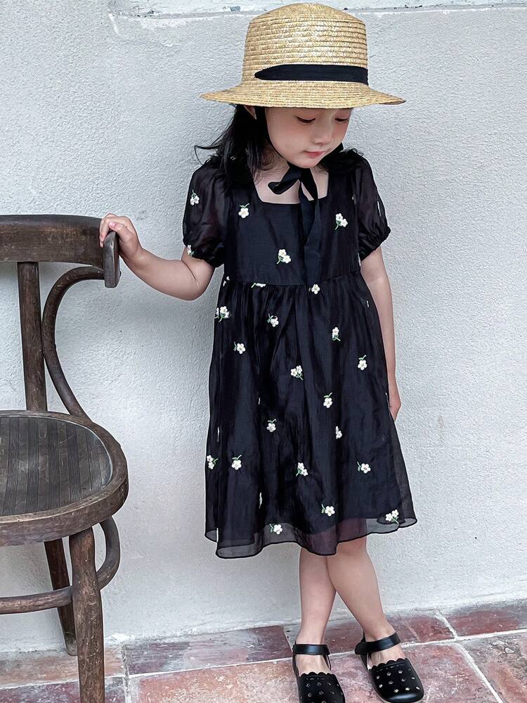Floral Print Square Neck Short Puff Sleeve Dress For Young Girls Vacation