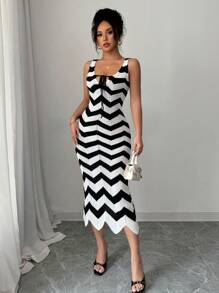 Chiquease Nouvelle arrivée Robe en tricot de style européen américain décontracté d'été / printemps, à fines bretelles, lacets sexy et style resort pour femmes - Noir et Blanc - Voir 4