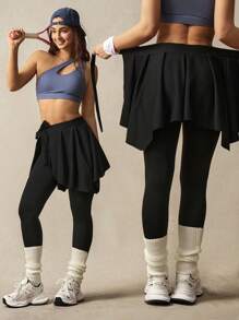 VARSITIE Damskie, jednokolorowe, patchworkowe, falbaniaste legginsy 2 w 1, swobodne, fitnessowe