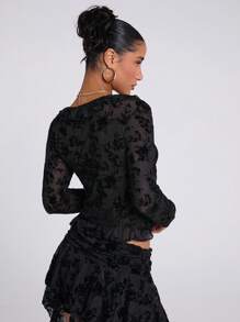 SHEIN BAE Women's Spring And Summer Flocked Flower Ruffled V-Neck Long-Sleeved Top, Suitable For Music Festivals, Rave, Going Out Tops - Black - View 2