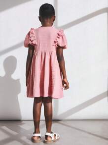 SHEIN Young Girls Casual Solid Color Textured Puff Sleeve Dress - Pink - View 2