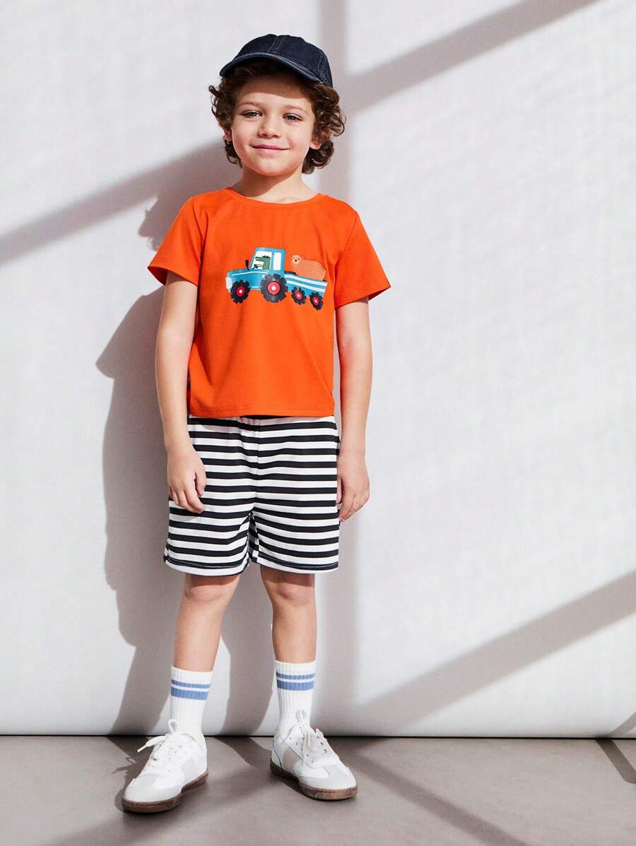 SHEIN 2pcs/Set Young Boys Car Print T-Shirt & Blue White Striped Pants Sets - Multicolor - View 1