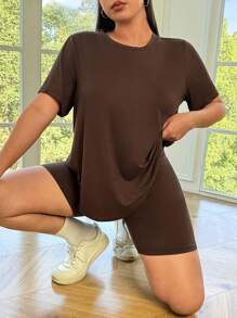 SHEIN EZwear 4件套加大码纯色套装 - 2件短袖上衣 + 2条及膝短裤 - 彩色 - 查看 6