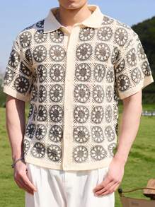 Manfinity CasualKnits 男士花卉图案单排扣休闲钩针镂空宽松针织上衣短袖男士夏季衣服男士衬衫套装 - 彩色 - 查看 6