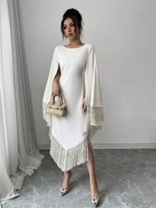 Chiquease Elegant Women's Music Festival Tassel Trim Waist Long Sleeve Dress - Apricot - View 7