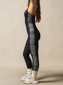 VARSITIE Black & White Retro Pattern Hollow-Out Back Skinny Yoga Jumpsuit - Black and White - View 8