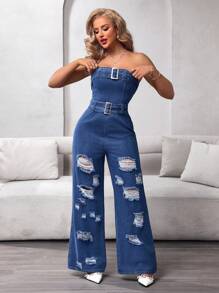 SHEIN BAE 女式牛仔连身裤，采用做旧细节和爪扣设计 - 藍色 - 查看 5