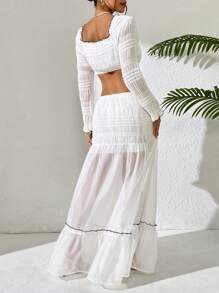 Breezaya Women Elegant Texture Cropped Top And Color Block Ruffled Skirt Co-Ord Set - White - View 2
