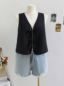 Soleia 大码女式宽松无袖V领抽绳上衣外套，蓝色 - 黑色 - 查看 1