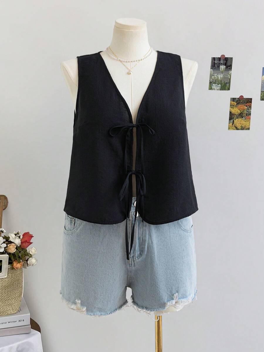 Soleia 大码女式宽松无袖V领抽绳上衣外套，蓝色 - 黑色 - 查看 1