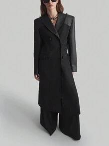 Ontre Women's Four Seasons Black Suit-Style Long Coat, Patchwork Coat, Waist-Hugging Women's Fashionable Double-Breasted Trench Coat In Fall/Winter - Black - View 1