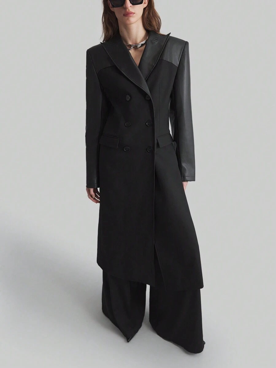 Ontre Women's Four Seasons Black Suit-Style Long Coat, Patchwork Coat, Waist-Hugging Women's Fashionable Double-Breasted Trench Coat In Fall/Winter - Black - View 1