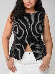 SHEIN EZwear 大码西装，商务休闲女士，条纹无袖背心，春夏装