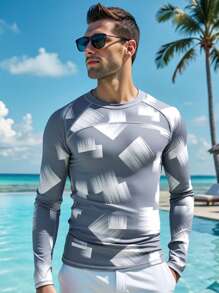 Manfinity Swimmode Men's Geometric Print Raglan Sleeve Surfing T-Shirt Man Swim Trunks,Hawaiian - Grey - View 4