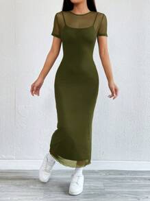 SHEIN EZwear Women Solid Color Round Neck Short Sleeve Mesh Splicing Slim Fit Casual Long Dress - Olive Green - View 4