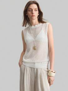 Ontre Vintage Boho Style Women Sleeveless Hollow-Out Crew Neck Knit Top, Solid Color