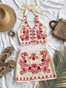 Soleia Women Summer Vacation Tie Back Floral Embroidered Halter Crop Top And A-Line Mini Skirt Suit No Chest Padding - Red - View 2