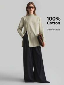 Ontre New 2026 Spring/Summer Women's Four-Season Bean Green Wrap-Around Shirt, Stand-Up Collar Long-Sleeved Simple Shirt For Daily Leisure, Business Commuting High-End Shirt