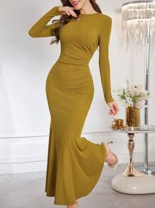Modelyn Vestido elegante y sexy con dobladillo de cola de pez arrugado y asimétrico con detalles calados para mujeres