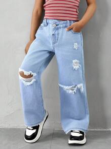 Young Girl Ripped Distressed Casual Fashionable Slant Placket Denim Straight Jeans