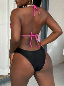 SHEIN Slayr Fashionable Sexy Graffiti Letter Print Halter Bikini Set, For Summer Beach Vacation - Hot Pink - View 2