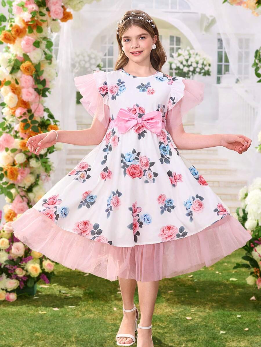 复古印花蝴蝶结装饰公主裙,欧美风格节日演出服 - 彩色 - 查看 1