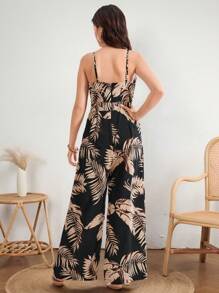 SHEIN Teen Girls Loose Fit Black & Beige Spaghetti Strap Palm Tree Print Jumpsuit, Comfy & Soft, Suitable For Spring/Summer, Valentine's Day, Vacation, Vintage, Beach, Sea