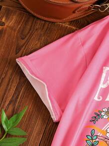 Tween Girls Casual Loose Dropped Shoulder Oversized Printed T-Shirt - Pink - View 4