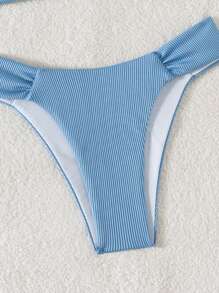 2 件蓝色条纹比基尼套装，U 型褶皱基本款泳装，适合海滩夏季度假 - 藍色 - 查看 8