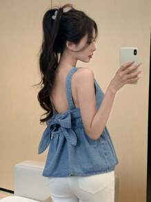 DAZY 新款春季女式蝴蝶结牛仔衬衫，返校服 - 藍色 - 查看 4