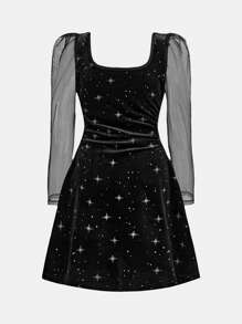 SHEIN Leap Crew Tween 女童网眼拼布天鹅绒透明长袖高领优雅连衣裙 - 黑色 - 查看 3