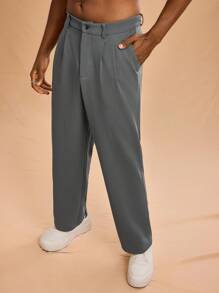 Forever 21 Men Casual Plain Color Pleated Straight Leg Pants