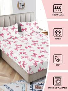 3pcs Watercolor Pink Bow Girly Cute Digital Print Bed Sheet Set (1pc Bed Sheet + 2pcs Pillowcases, No Filler), Soft Daily Polyester Fiber Skin-Friendly For Indoor Bedroom Master Bedroom Guest Room Dormitory, All Season