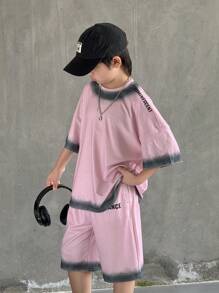 SHEIN 2pcs/Set Tween Boys' Korean Style Casual Versatile Printed Pattern Loose Fit Short Sleeve T-Shirt & Shorts Set, Suitable For School, Garden, Beach, Birthday Party, Spring, Summer, Fall, Winter - Pink - View 6