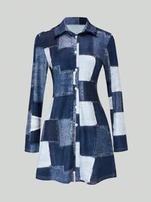 BamGleam Splice Printed Button Down Shirt And Skirt Women Color Block Spring Summer Set