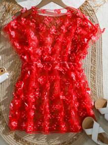 1pc Minimalist Casual Daily Wear Mesh Cover Up For Tween Girls - Red - View 4