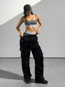 SHEIN Unity 女士休闲日常字母印花针织吊带背心和紧身短裤 2 件套运动服套装 - 灰色 - 查看 3