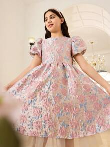 SHEIN Glamorique Kids Tween 女孩时尚优雅提花泡泡袖夏季派对连衣裙，适合日常、派对和聚会，展现女孩的优雅、纯真和优雅 - 彩色 - 查看 4