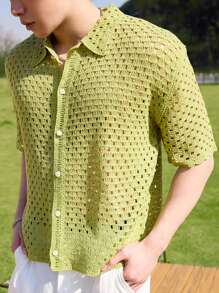 Manfinity CasualKnits Men's Green Color Crochet Short Sleeve Hollow Out Loose Top, Casual And Fashionable For Daily Wear, Suitable For Summer - Multicolor - View 5