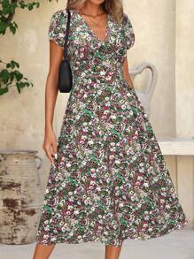 SHEIN Clasi Ditsy Floral Short Sleeve Summer Casual Dress, Simple & Fashionable For Everyday Wear - Pink - View 3