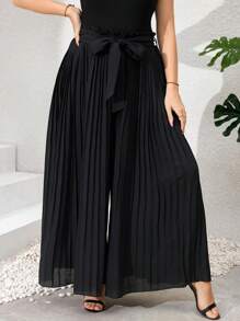 Ellevyn Calça Pantalona Plissada de Cor Sólida Elegante Plus Size, Calça Solta, Culottes, Calça FeminiPlus Sizeande Feminino, Calça Preta - Preto - Visão 4