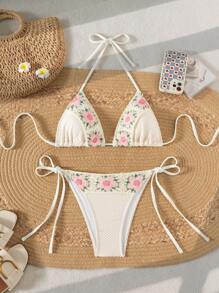 Swim Mod 2pcs Textured Fabric Crochet Floral Halter Tie-Side Sexy Sweet Bikini Swimwear Set, Suitable For Spring Break & Festival Boho For Summer Beach Vacation - Apricot - View 1