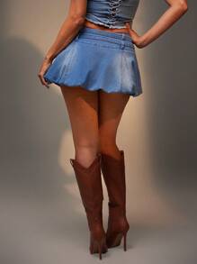 Denimoi Buckle Front Plunge Neck Denim Halter Top - Medium Wash - View 3