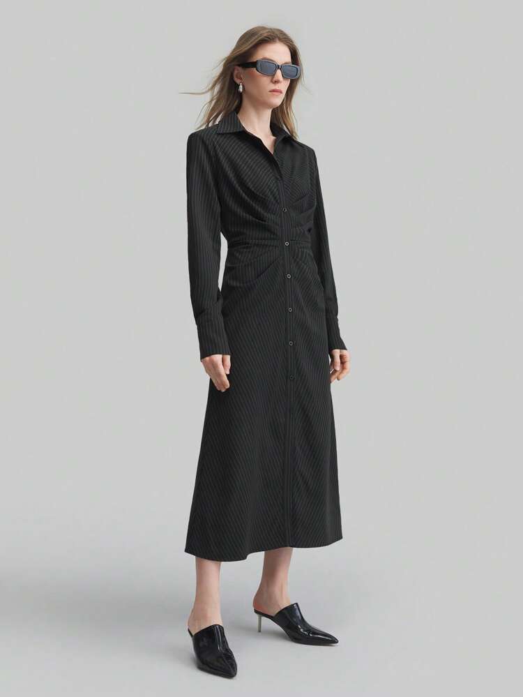 2-In-1 Women's Striped Shirt Dress With Gathered Waist, Elegant For Commute, Fashionable City Style, Spring/Summer