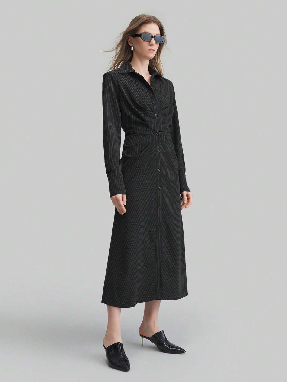 2-In-1 Women's Striped Shirt Dress With Gathered Waist, Elegant For Commute, Fashionable City Style, Spring/Summer