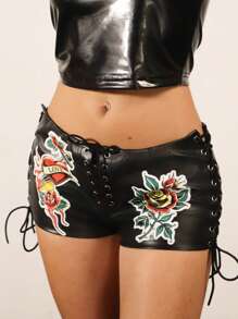 SHEIN ICON Y2K 春夏黑色花卉街头服饰 Gyaru 女士低腰花卉印花 PU 皮革图案系带短裤