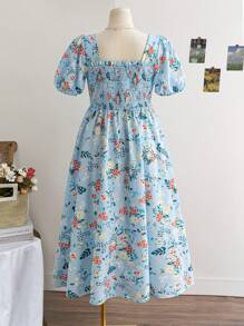Soleia WYWH Holiday Pastoral Romantic Multi-Color Floral Puff Sleeves Front Button-Down Square Collar Plus Size Dress Long